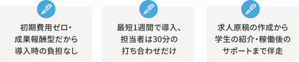 AOHARUインターンの導入は、初期費用ゼロの成果報酬型だから安心。最短1週間で導入でき、担当者の負担も最小限です。求人原稿の作成から学生紹介、稼働後のサポートまで一貫して伴走し、スムーズな採用活動を実現します。